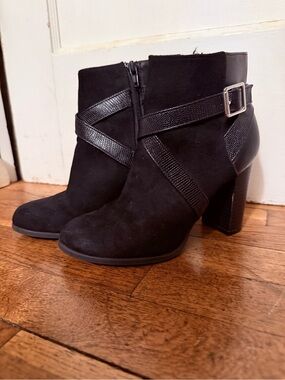 Women's Black Suede Ankle Boots with Buckle Strap